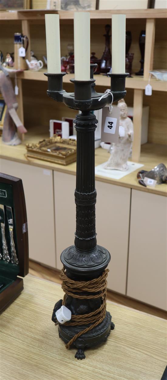 An Empire style three-light bronze figural table lamp height 60cm